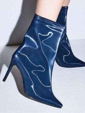 Modern Navy Patent Pointed Stiletto Ankle Boots